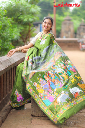 Mehndi Giri Gobardhan Pattachitra Silk Saree