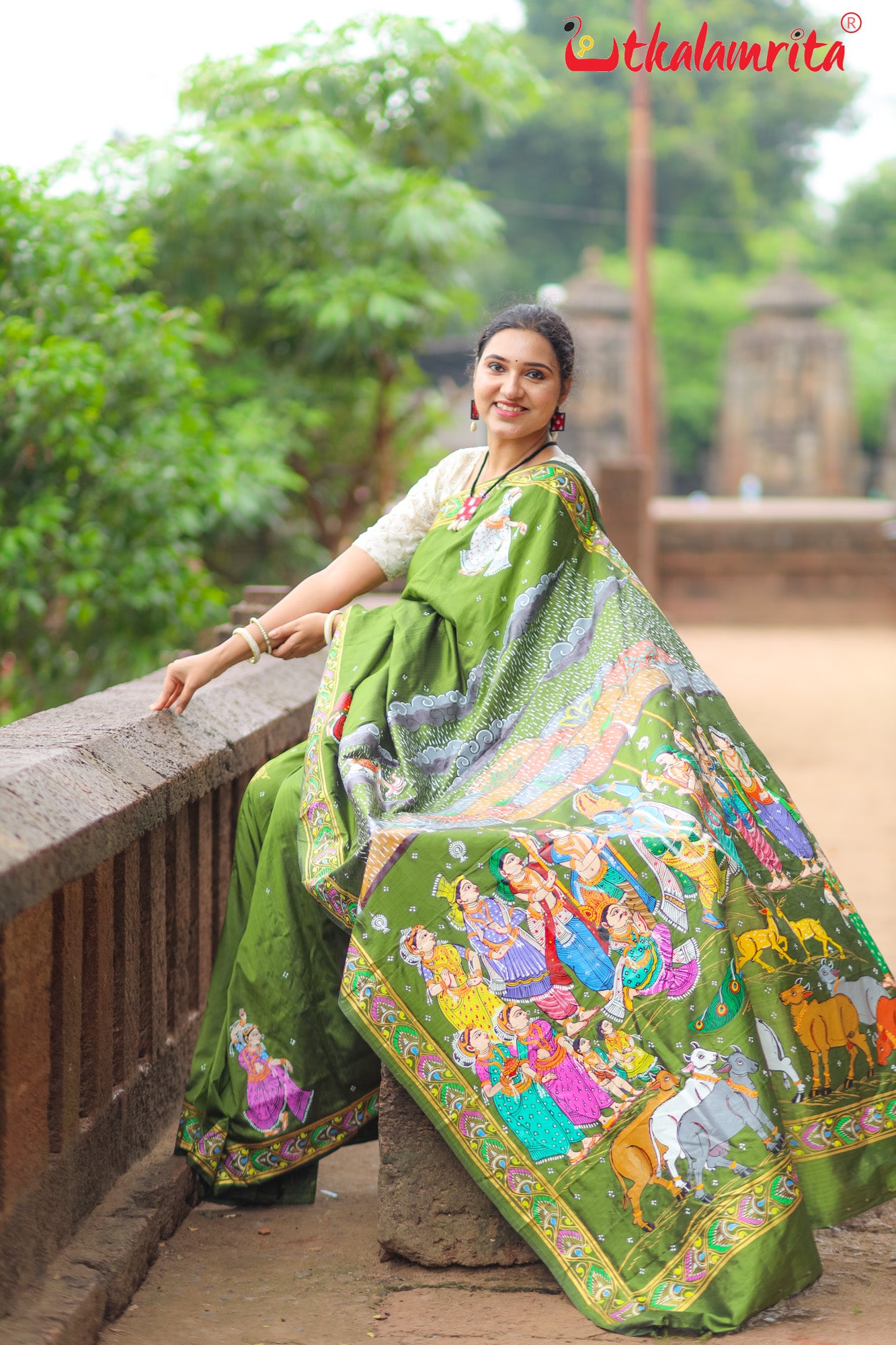 Mehndi Giri Gobardhan Pattachitra Silk Saree