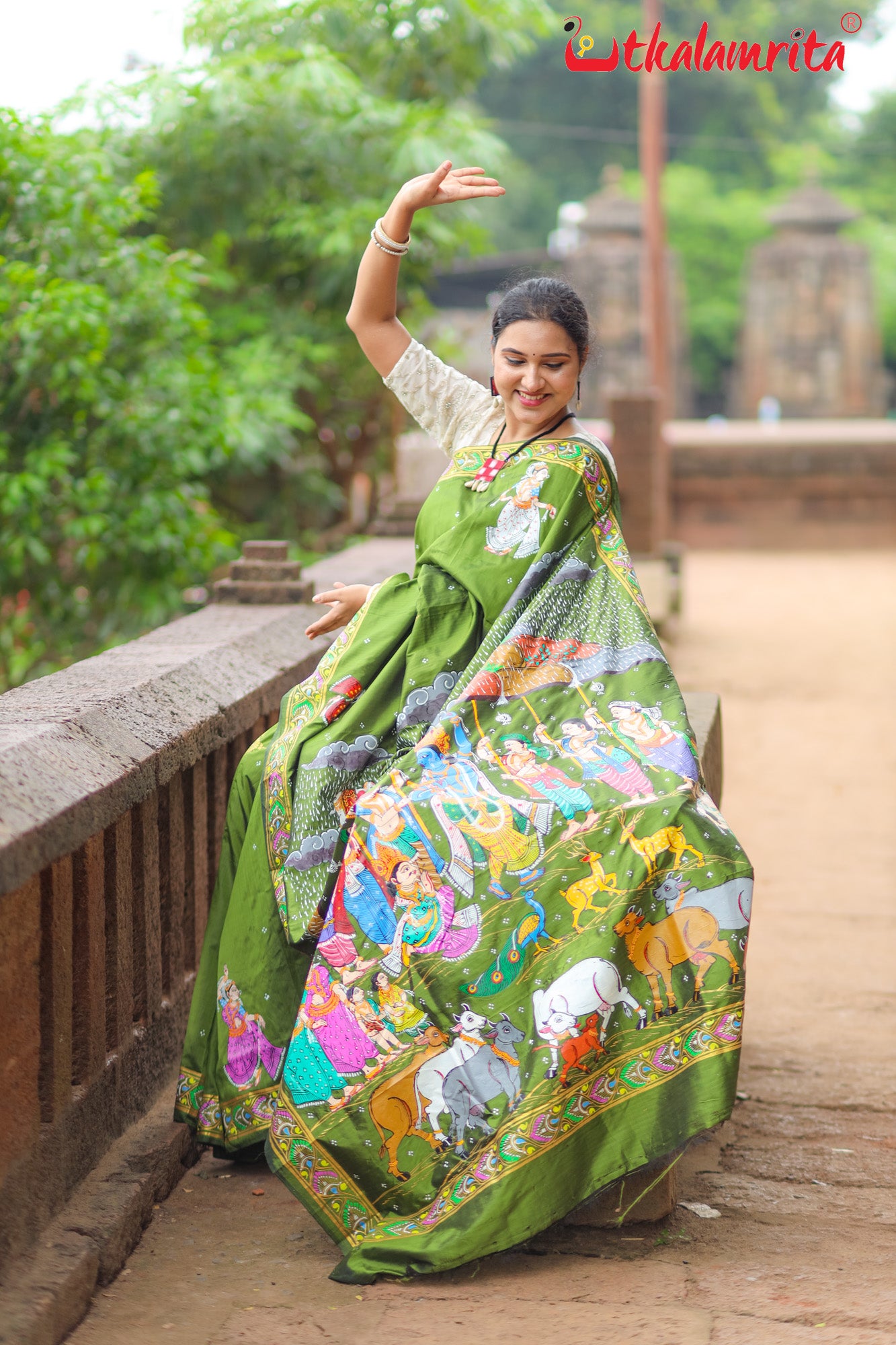 Mehndi Giri Gobardhan Pattachitra Silk Saree