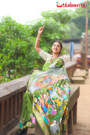 Mehndi Giri Gobardhan Pattachitra Silk Saree