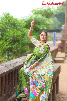 Mehndi Giri Gobardhan Pattachitra Silk Saree