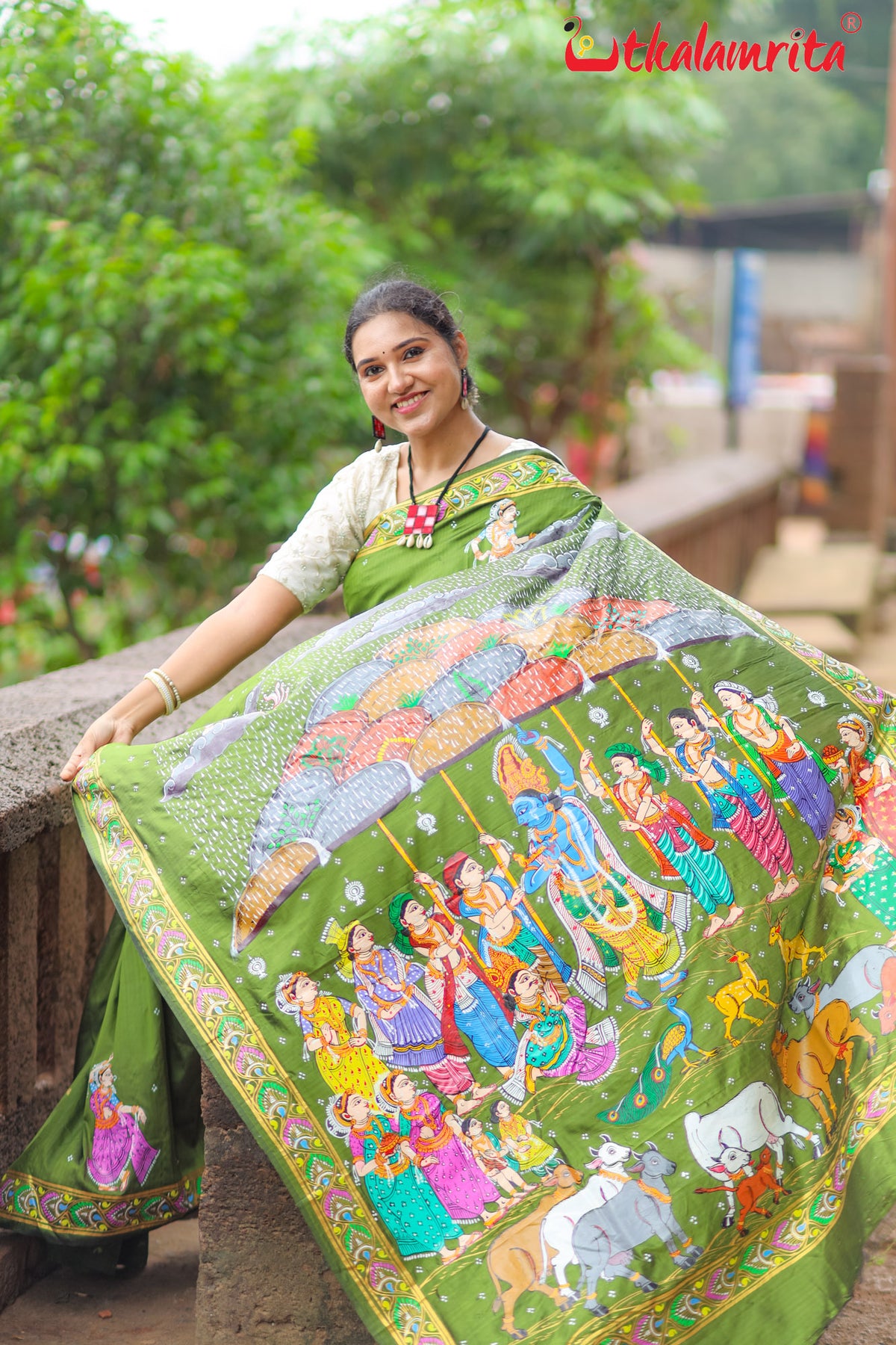 Mehndi Giri Gobardhan Pattachitra Silk Saree