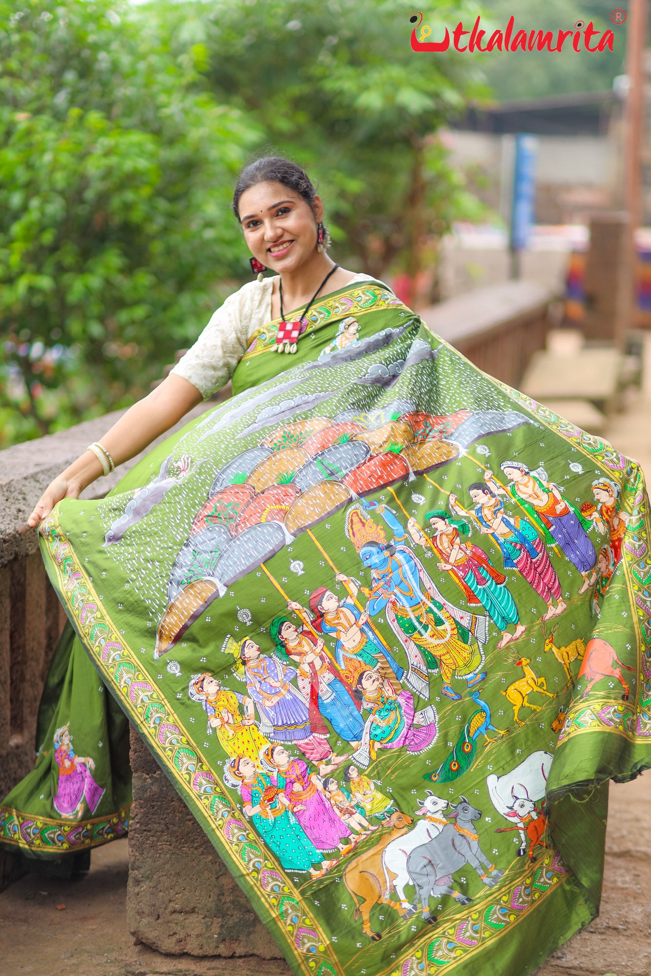 Mehndi Giri Gobardhan Pattachitra Silk Saree