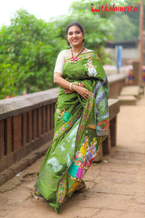 Mehndi Giri Gobardhan Pattachitra Silk Saree