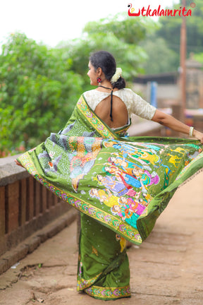 Mehndi Giri Gobardhan Pattachitra Silk Saree