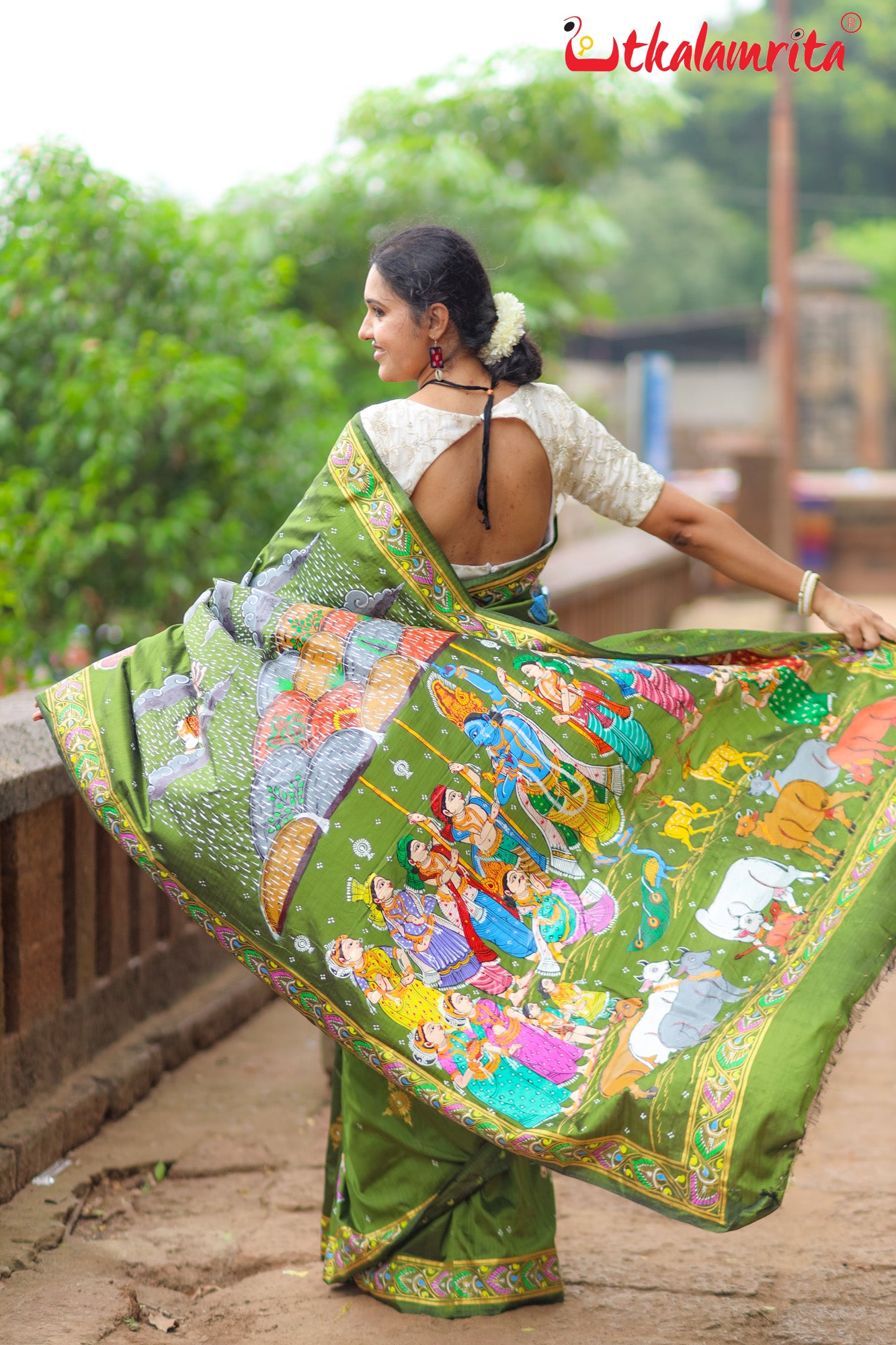 Mehndi Giri Gobardhan Pattachitra Silk Saree