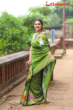 Mehndi Giri Gobardhan Pattachitra Silk Saree