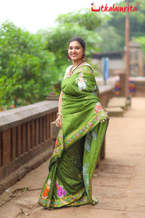 Mehndi Giri Gobardhan Pattachitra Silk Saree