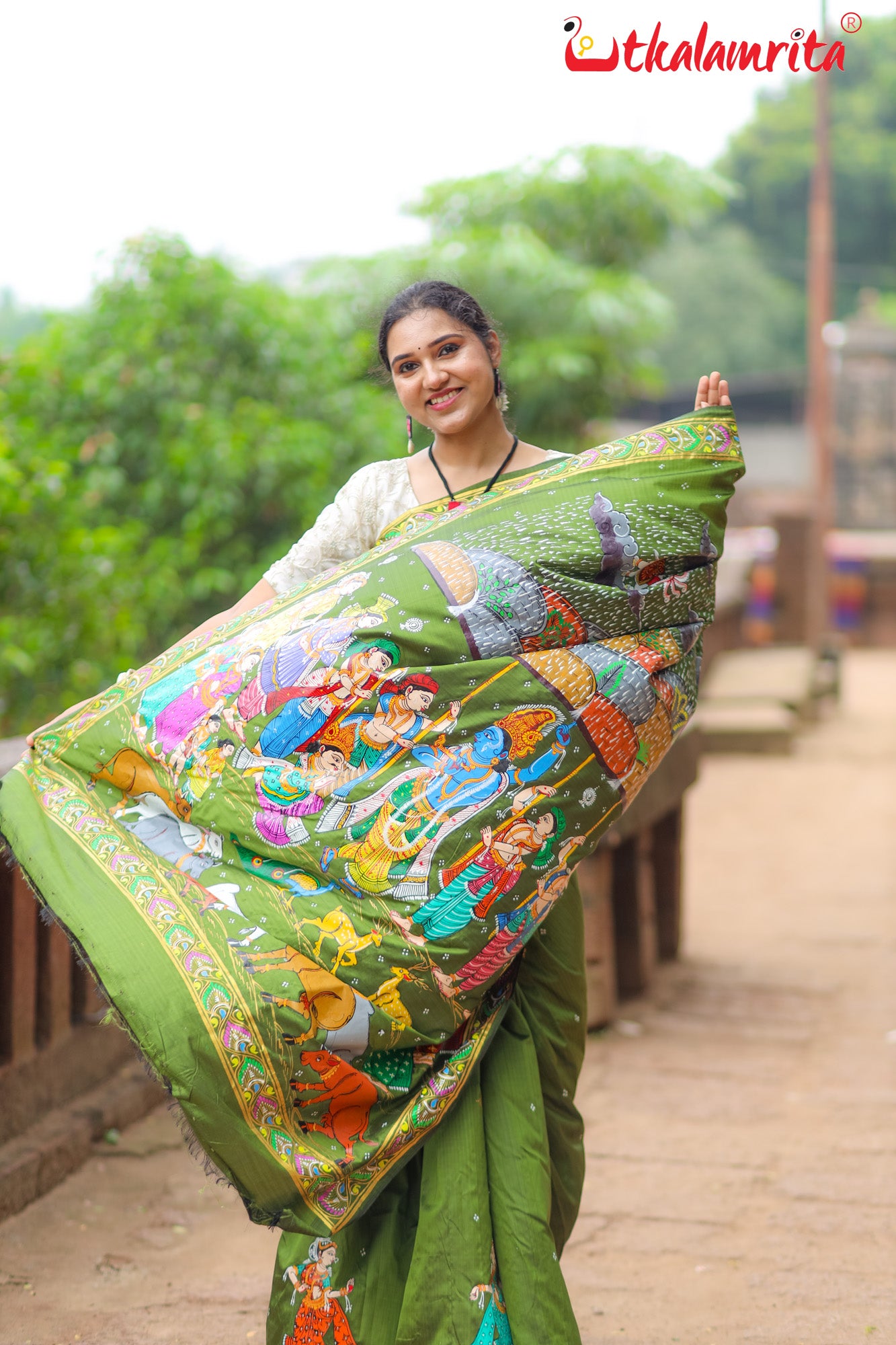 Mehndi Giri Gobardhan Pattachitra Silk Saree