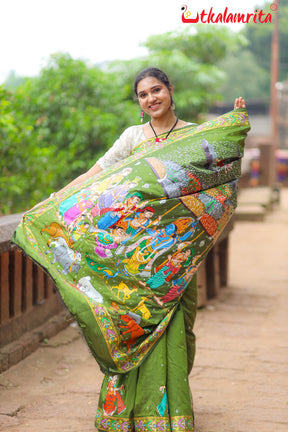 Mehndi Giri Gobardhan Pattachitra Silk Saree