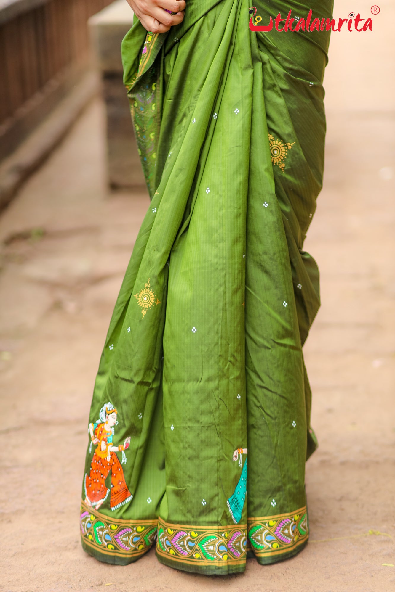 Mehndi Giri Gobardhan Pattachitra Silk Saree