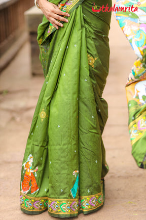 Mehndi Giri Gobardhan Pattachitra Silk Saree