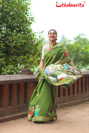 Mehndi Giri Gobardhan Pattachitra Silk Saree