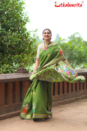 Mehndi Giri Gobardhan Pattachitra Silk Saree