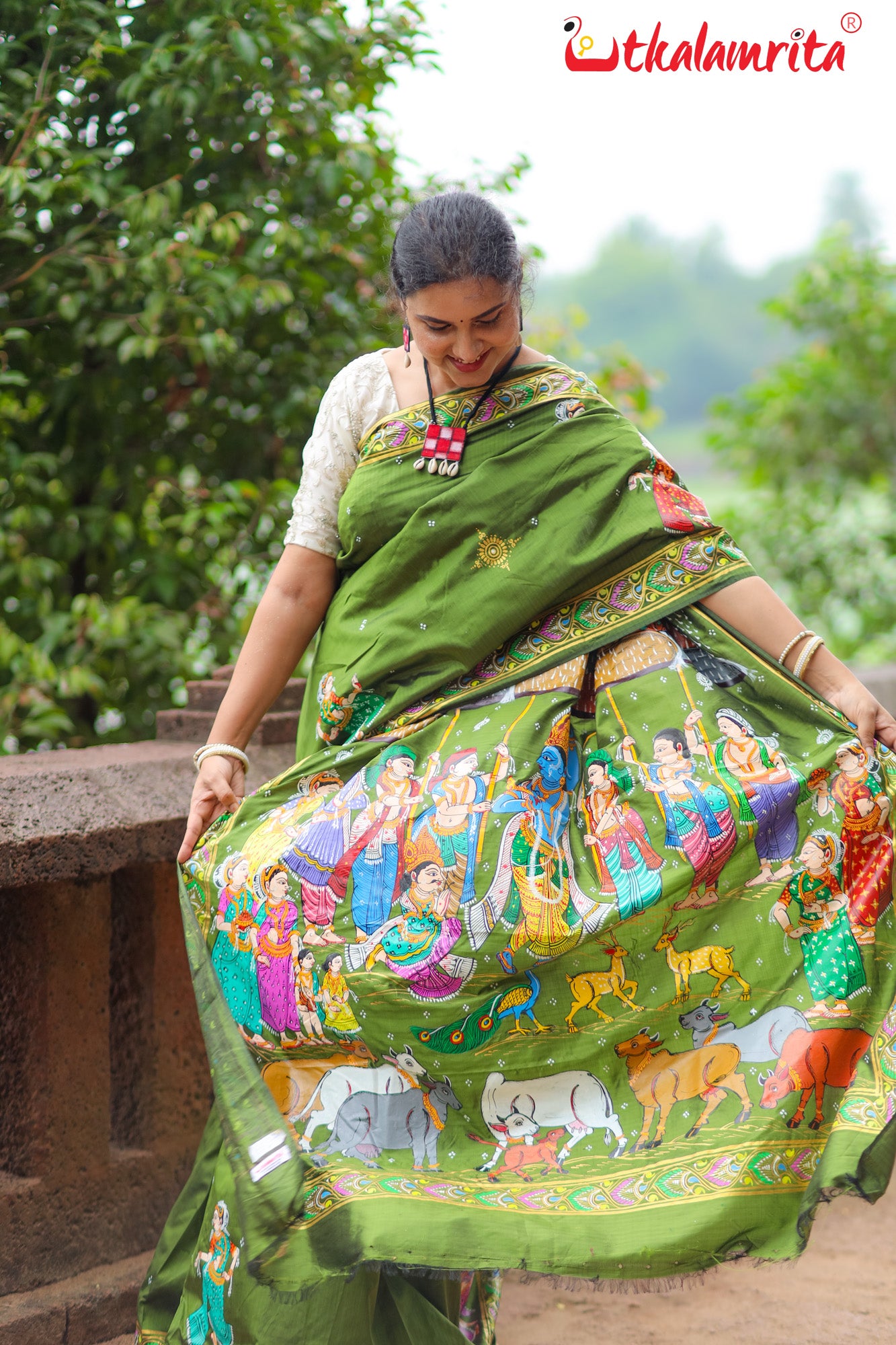 Mehndi Giri Gobardhan Pattachitra Silk Saree