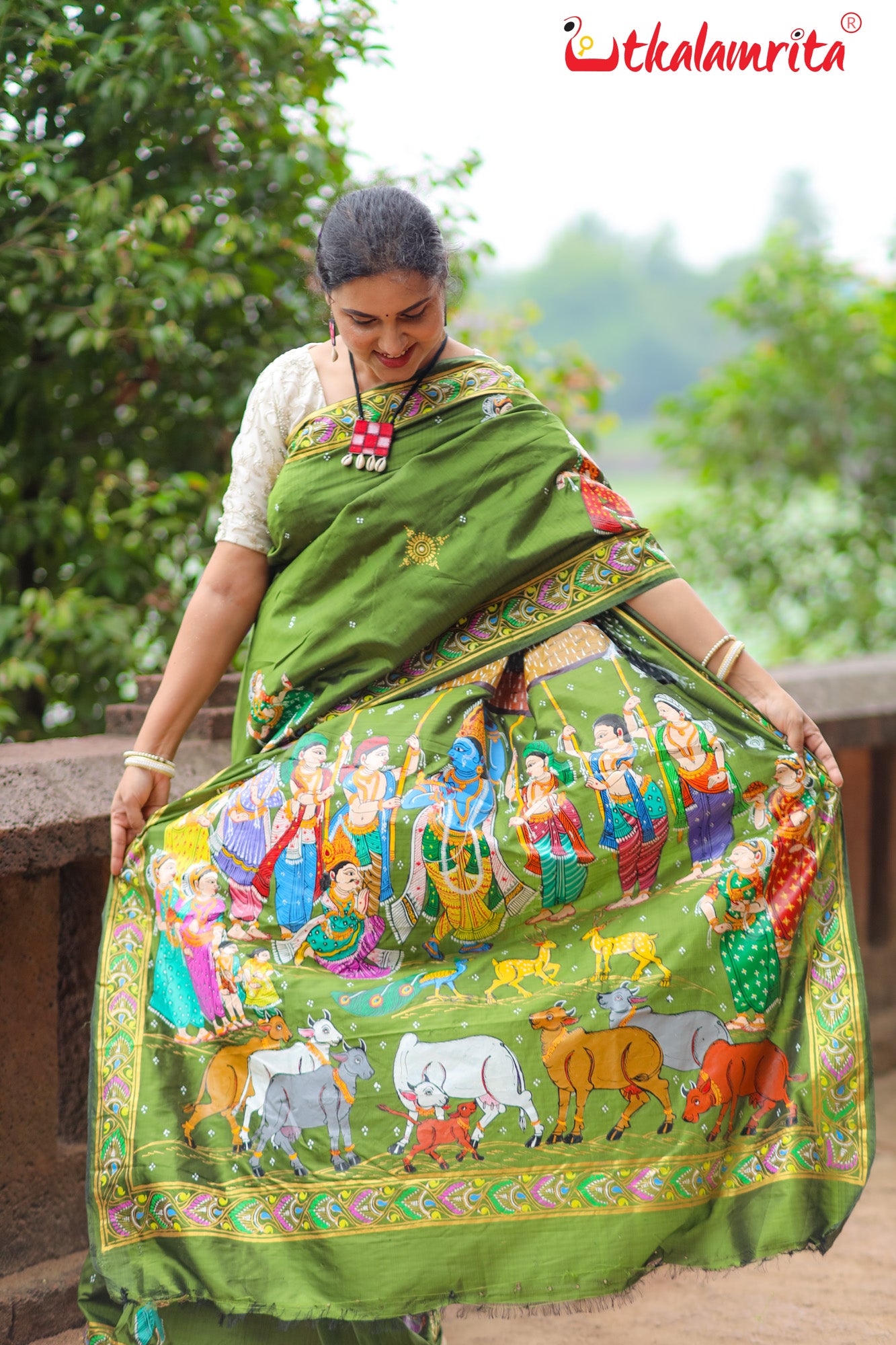 Mehndi Giri Gobardhan Pattachitra Silk Saree