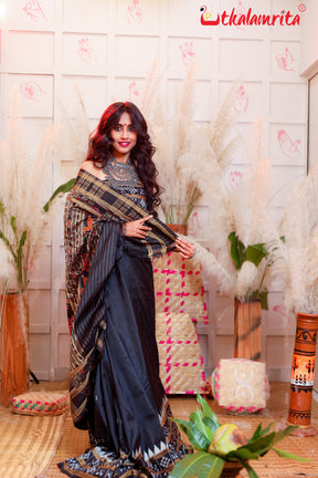 Black Double Border Animal Anchal Khandua Silk Saree