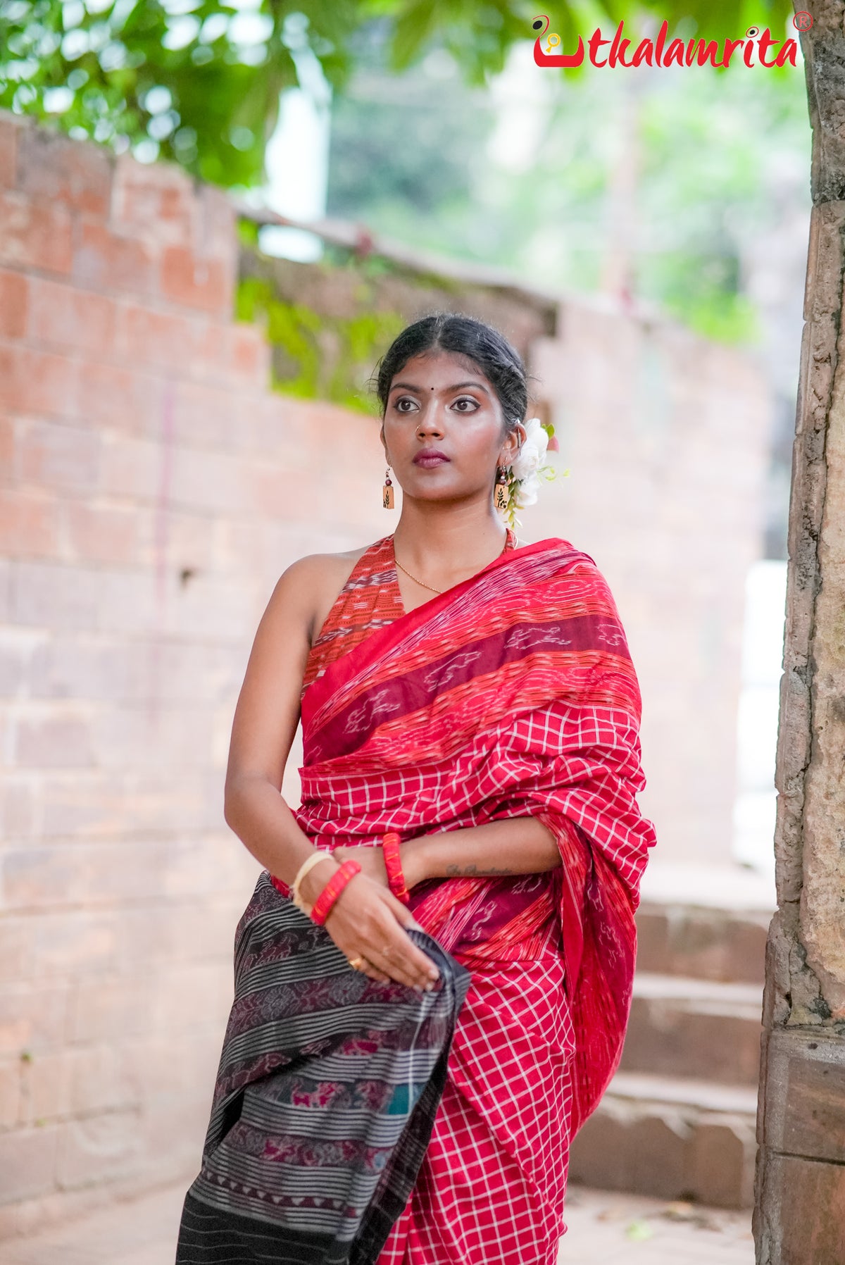 Red Checks Double Side Sachipar Cotton Saree