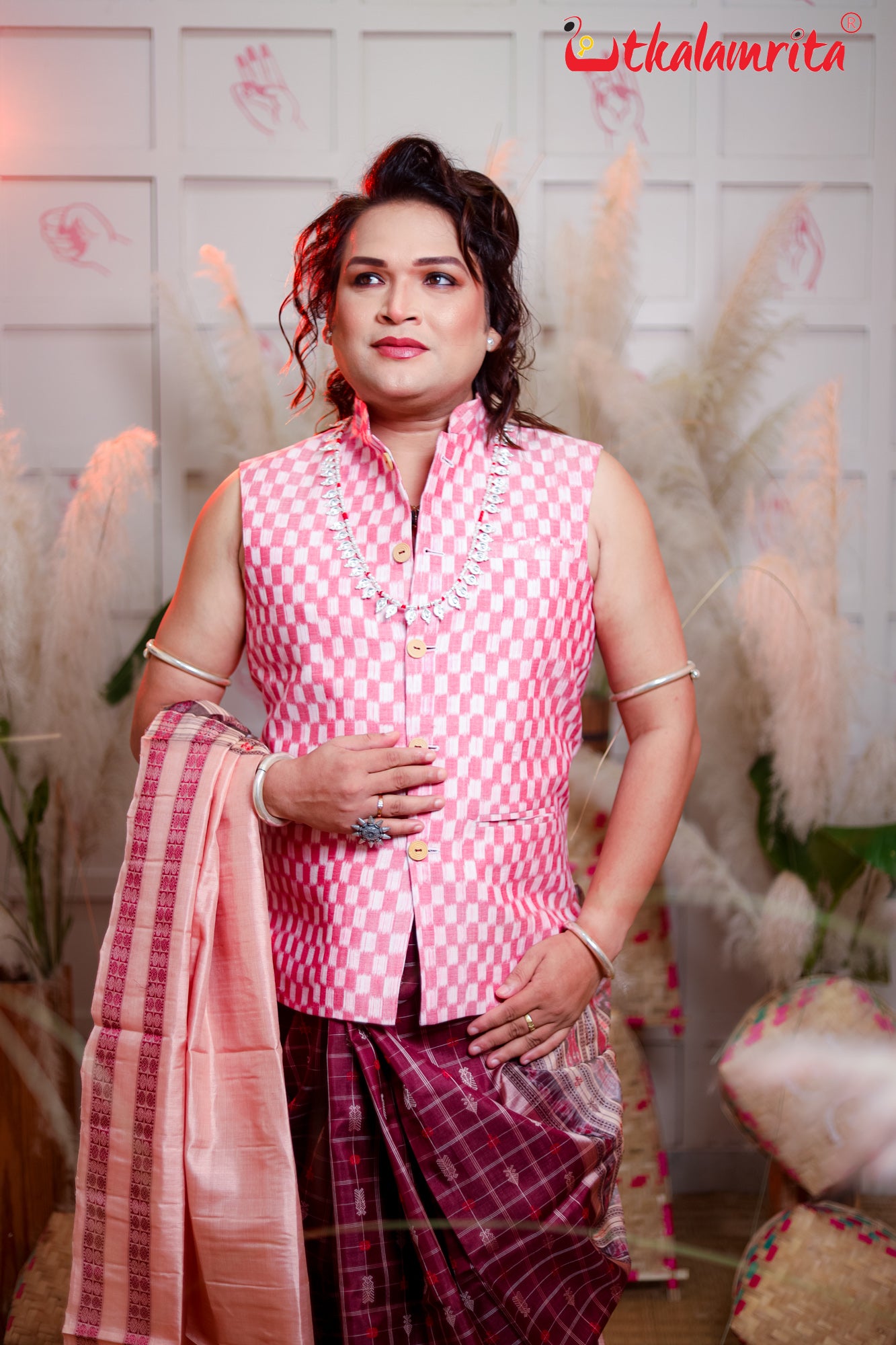 Checkerboard Pink White Ikat (Modi Jacket)