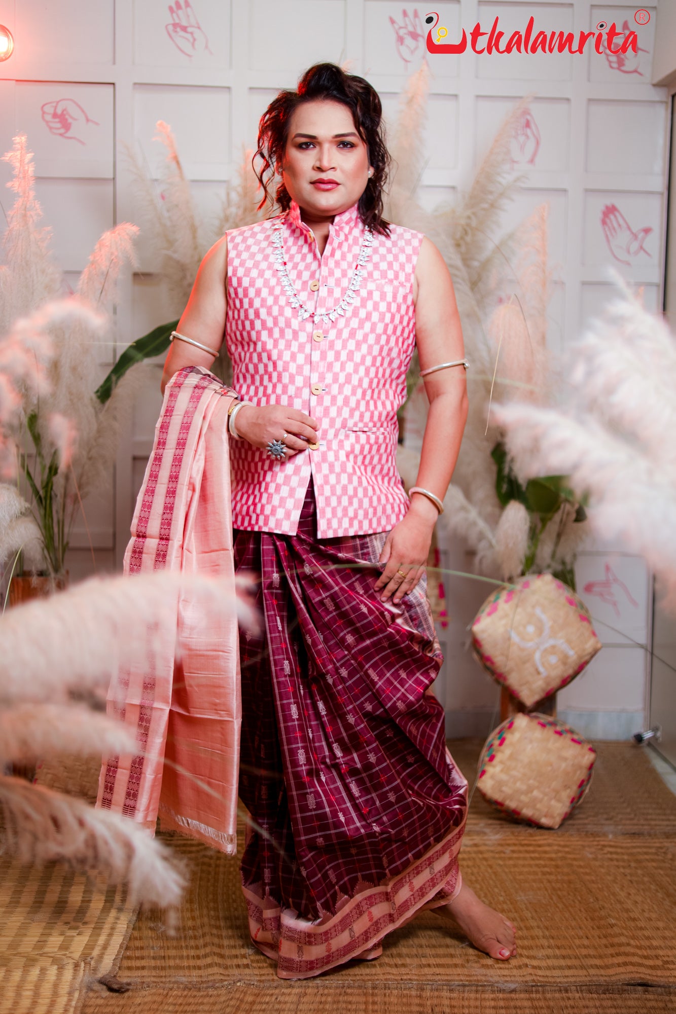 Checkerboard Pink White Ikat (Modi Jacket)