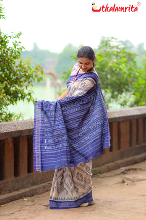 Off White Blue Bada Phula Cotton Saree