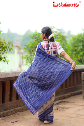 Off White Blue Bada Phula Cotton Saree