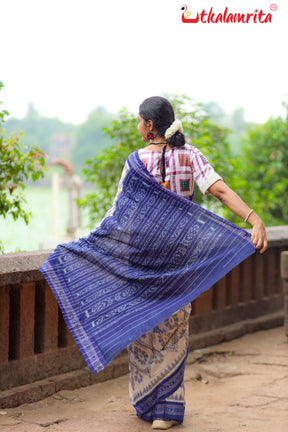 Off White Blue Bada Phula Cotton Saree