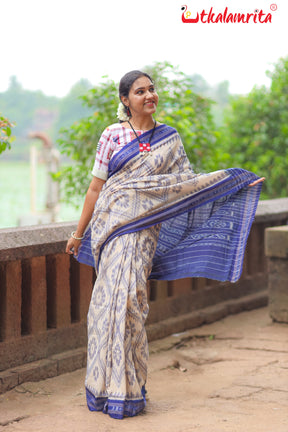 Off White Blue Bada Phula Cotton Saree