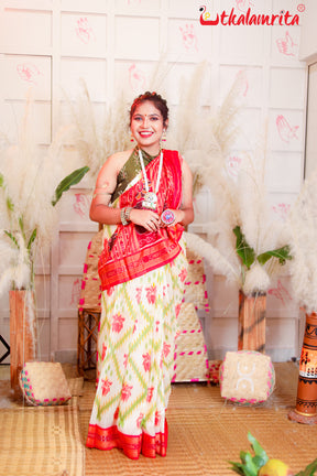 Red Lotus In White Khandua Silk Saree