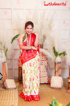 Red Lotus In White Khandua Silk Saree