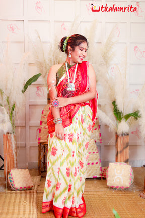 Red Lotus In White Khandua Silk Saree