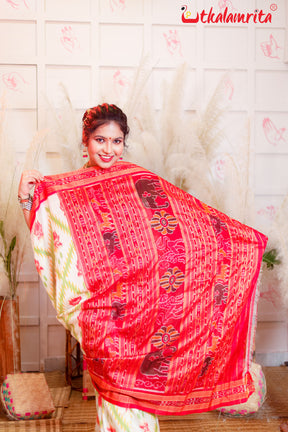 Red Lotus In White Khandua Silk Saree