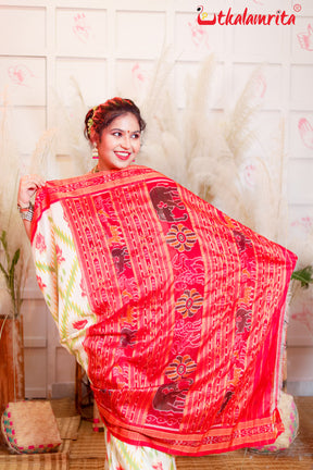 Red Lotus In White Khandua Silk Saree