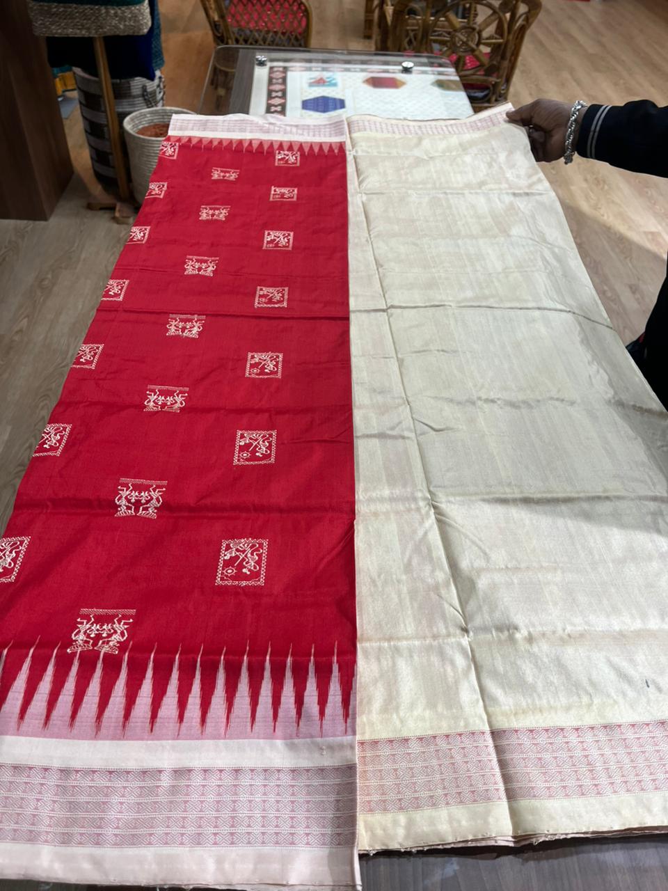 Red Cream Box Tribal Bomkai Silk Saree