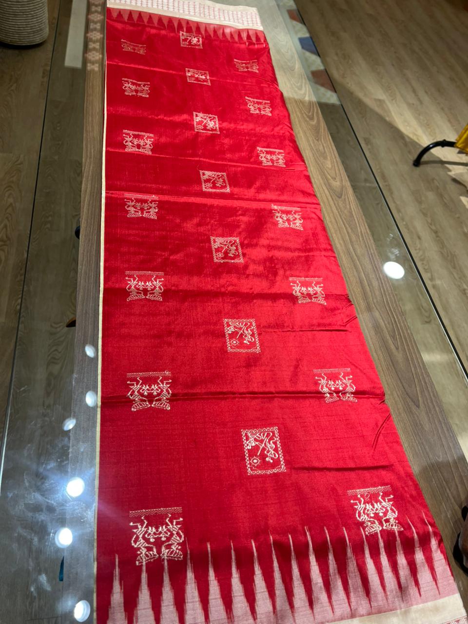 Red Cream Box Tribal Bomkai Silk Saree
