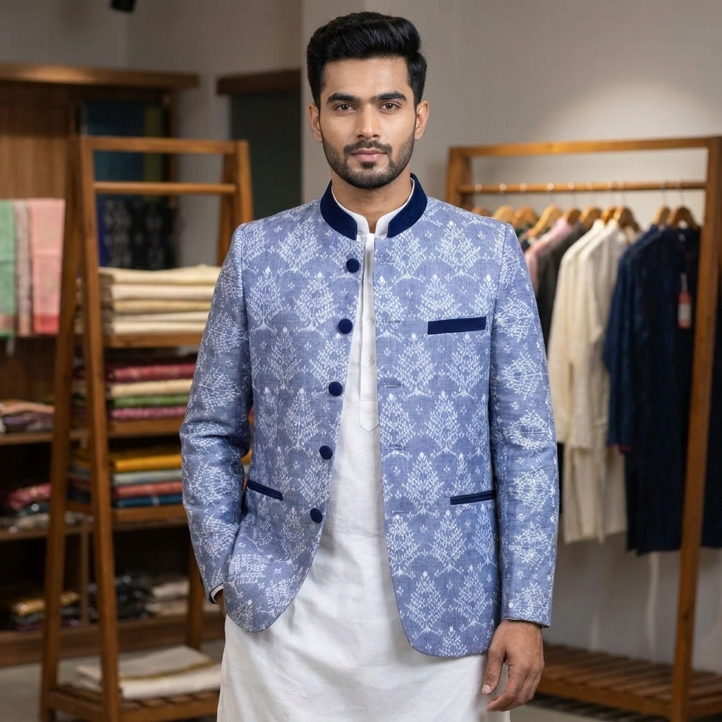 Sky Blue Gacha Sambalpuri (Men's Jodhpuri Coat)