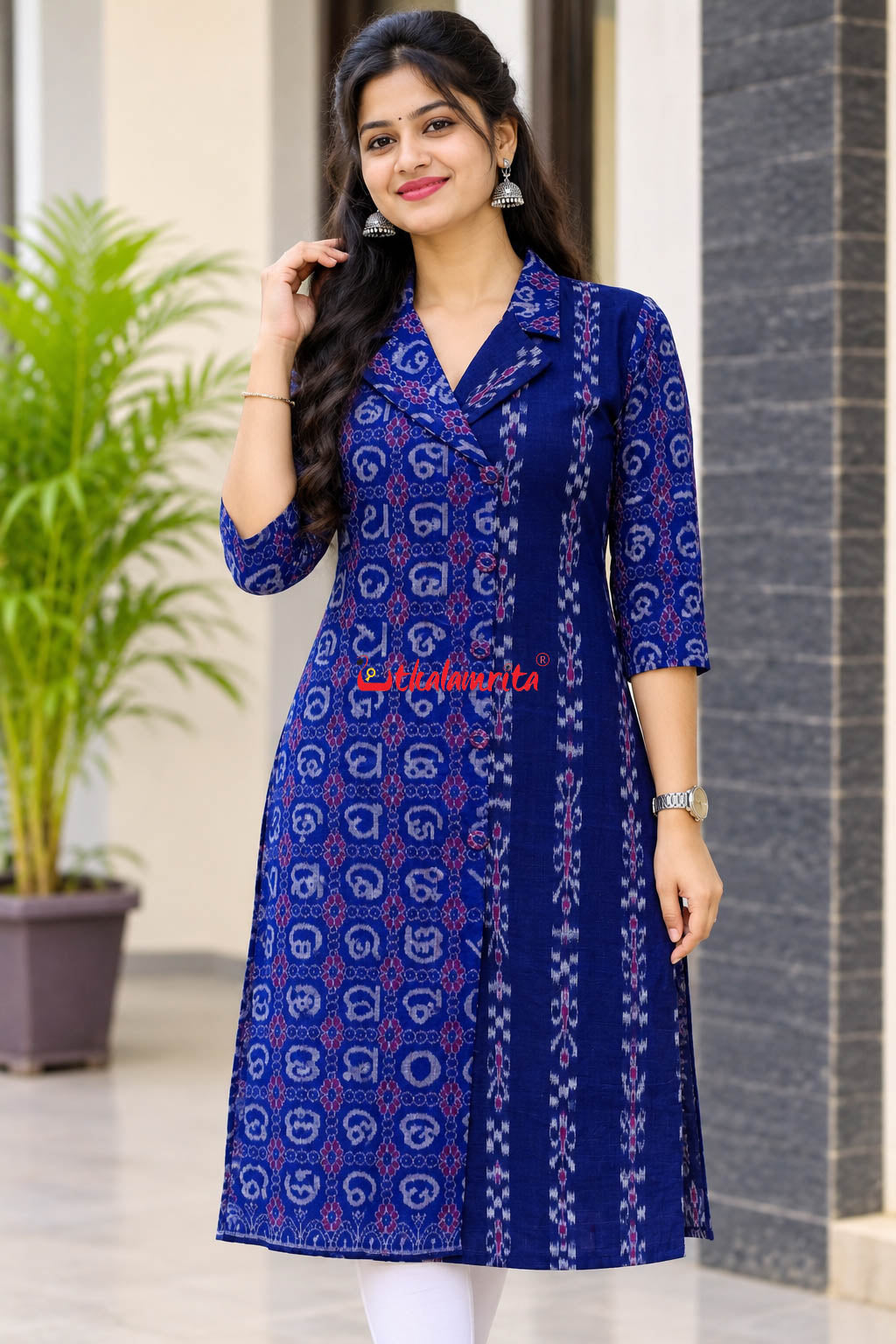 Blue Kadha Pasapali Half Half Blazer Neck Odia Letters (Ladies' Kurti)