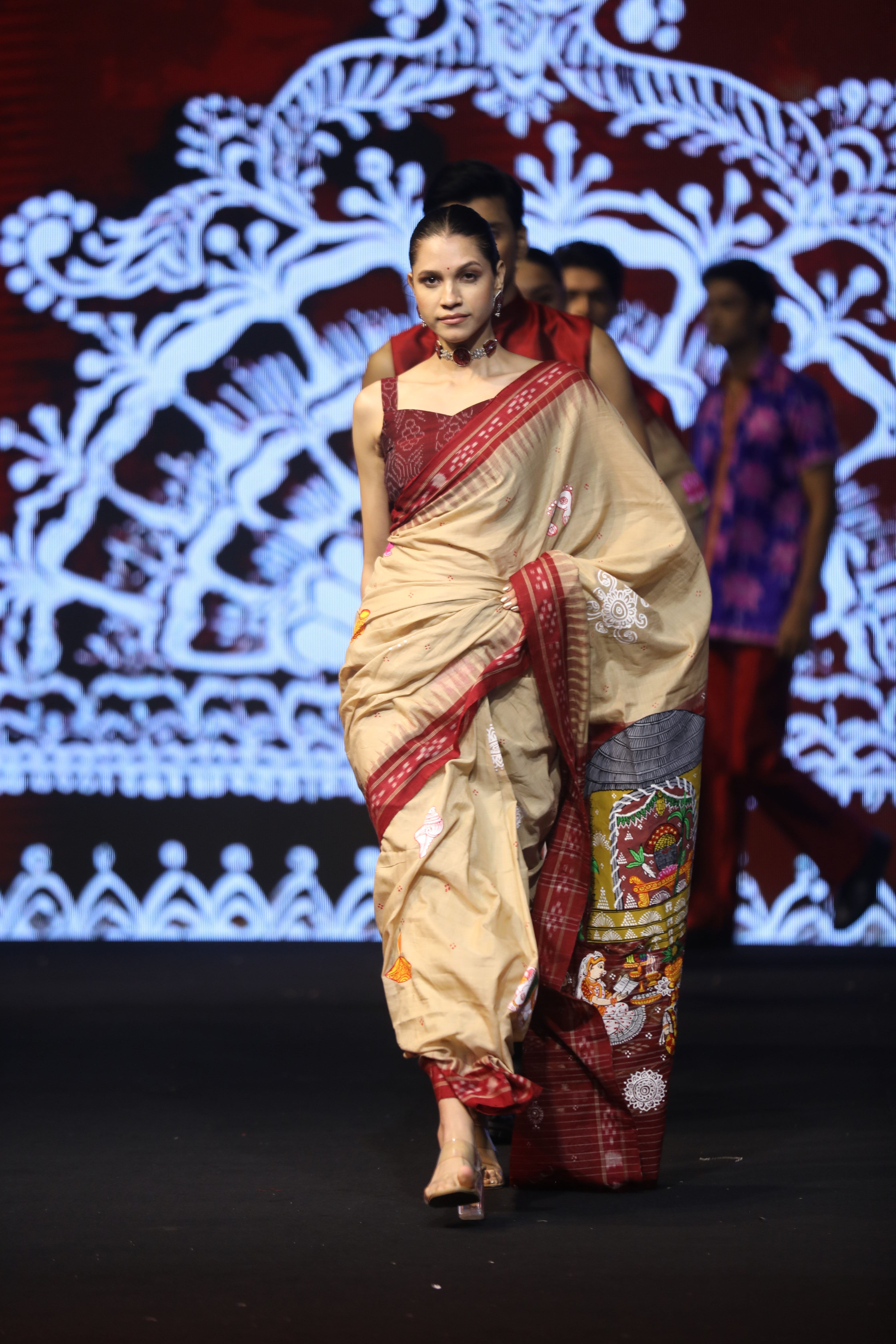 Ghee Maroon Laxmi Puja Pattachitra Cotton Saree