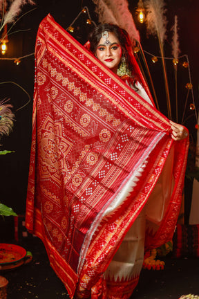 Red Orange Pasapali Khandua Silk Saree