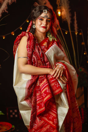 Red Orange Pasapali Khandua Silk Saree