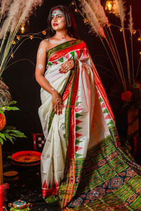 Green Red Temples Khandua Silk Saree