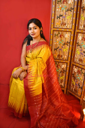 Gopalpur Tussar Yellow Red Saree