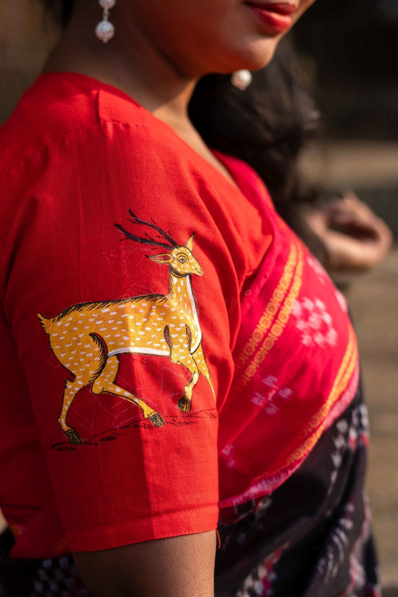 Red Shakuntala and Deer Pattachitra (Blouse)