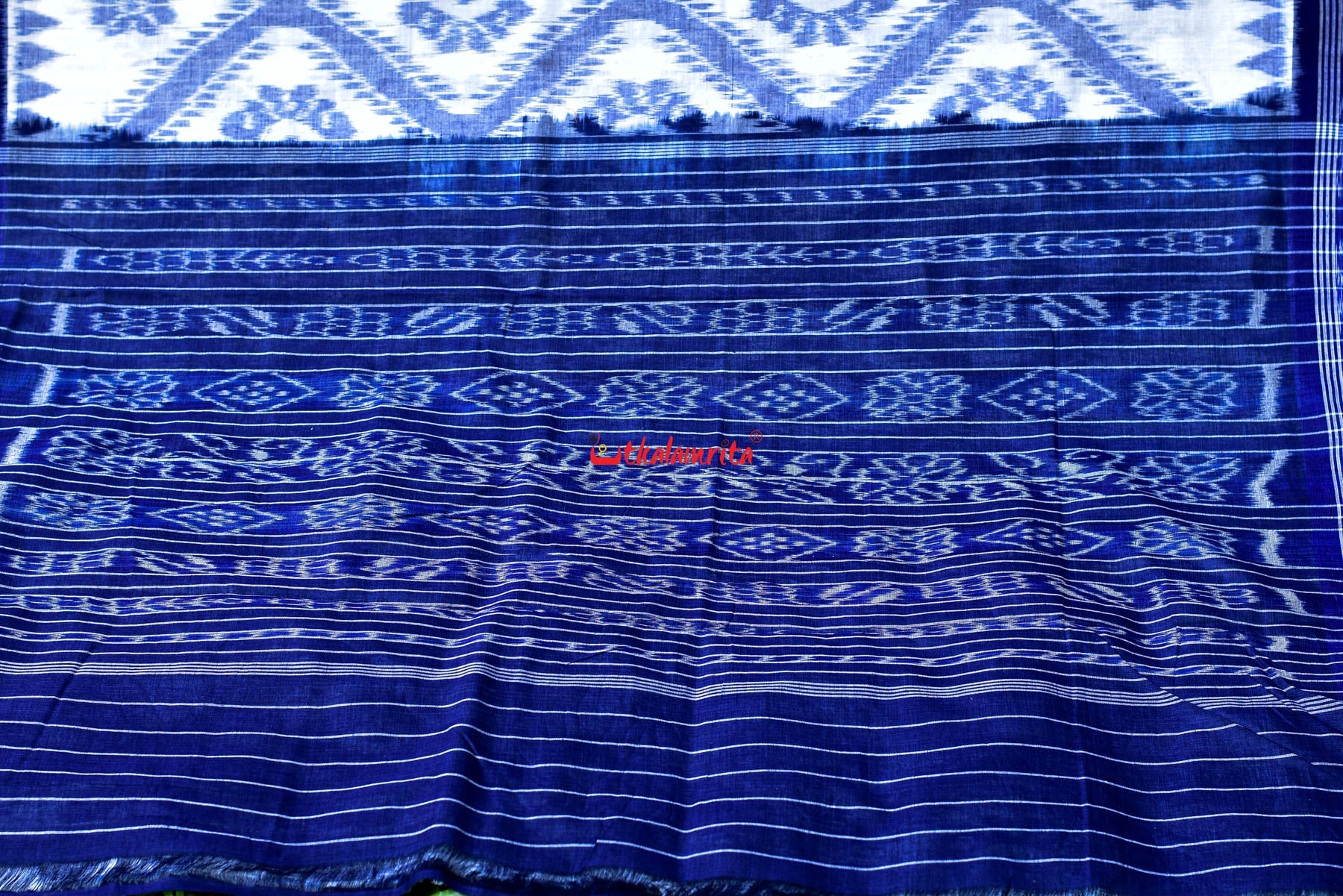 White Blue Bada Phula Cotton Saree