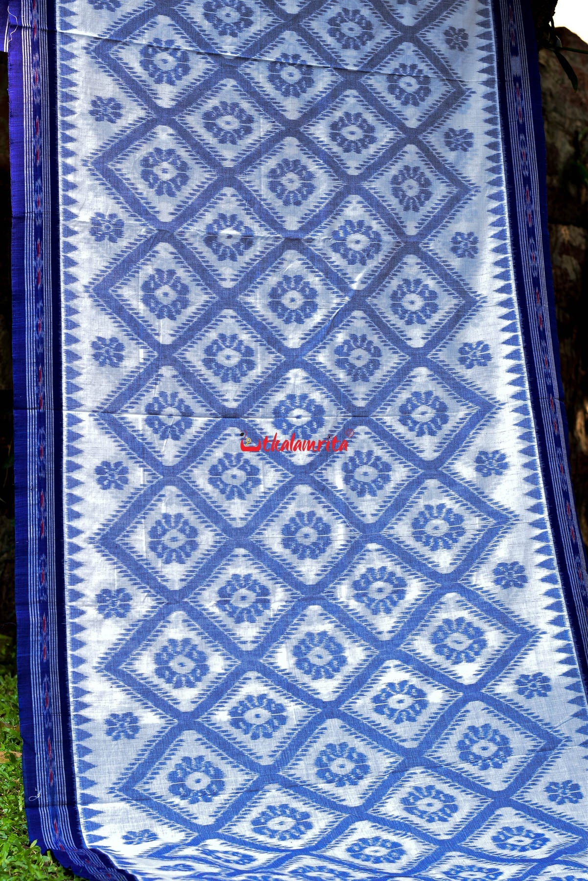 White Blue Bada Phula Cotton Saree