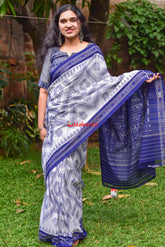 White Blue Bada Phula Cotton Saree