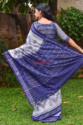 White Blue Bada Phula Cotton Saree