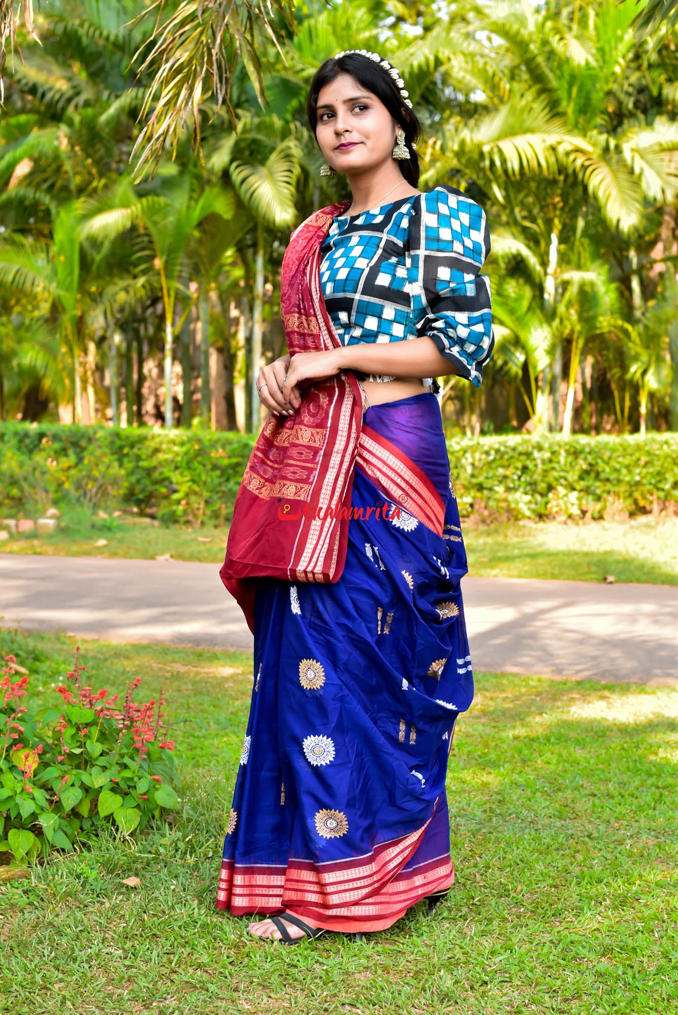 Blue Maroon Padam Bomkai Cotton Saree