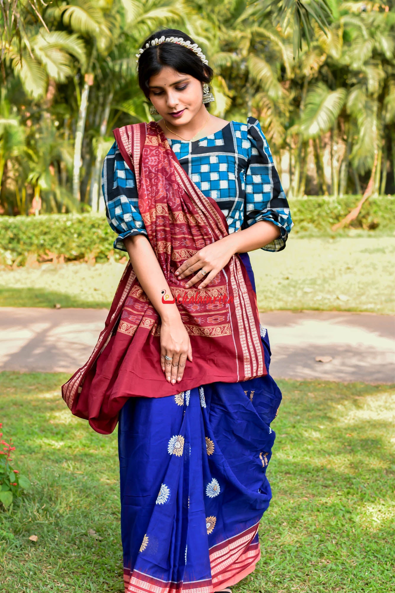 Blue Maroon Padam Bomkai Cotton Saree