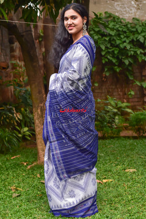 White Blue Bada Phula Cotton Saree